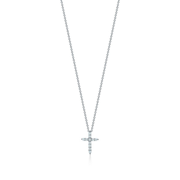 Tiffany Inspired Cross pendant in platinum with diamonds, mini. - TIF100100466