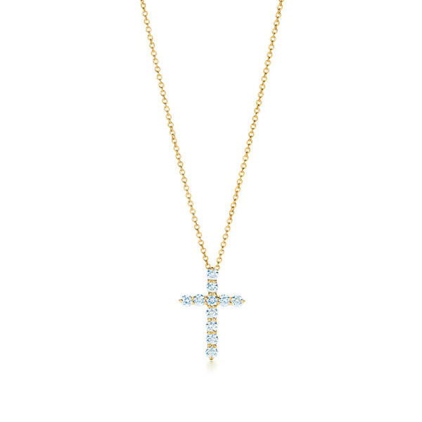 Tiffany Inspired Cross pendant in 18k gold with diamonds, small. - TIF100100532