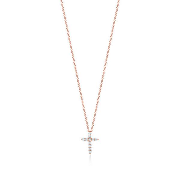 Tiffany Inspired Cross pendant in 18k rose gold with diamonds, mini. - TIF100100467