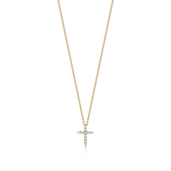Tiffany Inspired Cross pendant in 18k gold with diamonds, mini. - TIF100100468