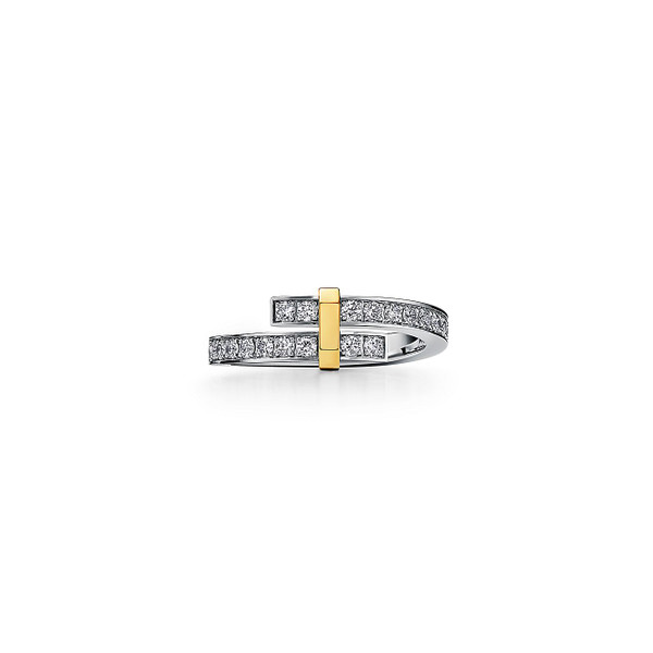 Tiffany Inspired Tiffany Edge Bypass Ring in Platinum and Yellow Gold with Diamonds, Narrow - TIF100100639
