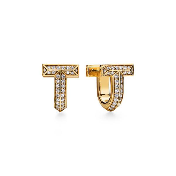Tiffany Inspired Tiffany T T1 Half Pavé Diamond Huggie Earrings in Yellow Gold - TIF100100075