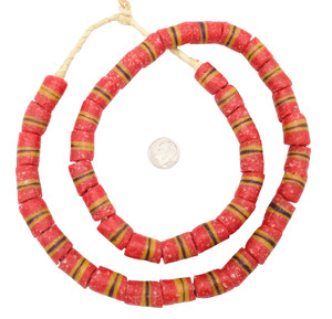 Ghana Handmade Coral multi banded Recycled glass African trade beads Ghana Handmade Coral multi banded Recycled glass African trade beads