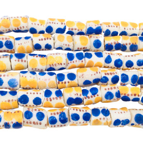 Ghana Handmade white multi with blue and yellow dots Recycled glass African trade beads