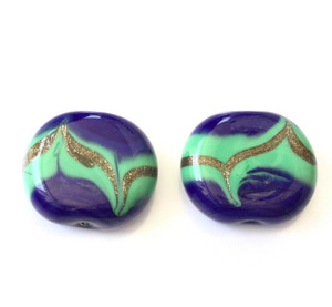 Pair Of Czech Blue and Green Lamp work trade tabular Bohemian Glass Beads Pair Of Czech Blue and Green Lamp work trade tabular Bohemian Glass Beads
