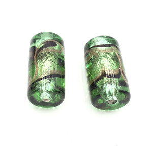 Pair Handmade Lampwork Emerald Green with Aventurine Czech Glass~Trade Beads