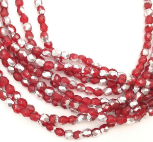 100 Fine Trade Czech Red &Silver Round Faceted fire Polished Glass beads-4mm 100 Fine Trade Czech Red &Silver Round Faceted fire Polished Glass beads-4mm