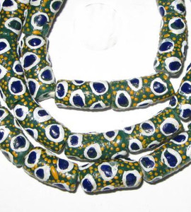 Strand of African fancy Green and blue eye Krobo powderglass trade beads Strand of African fancy Green and blue eye Krobo powderglass trade beads
