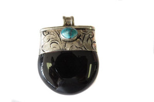 African Black Agate Tibetan Pendant Silver Repousse Vintage trade bead African Black Agate Tibetan Pendant Silver Repousse Vintage trade bead