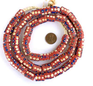 Ghana handmade Cylinder red with white and blue design Recycled glass beads Ghana handmade Cylinder red with white and blue design Recycled glass beads