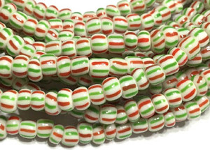 Vintage Ghana Green and red stripe Ghana seed Beads Glass African Trade Beads [3102]