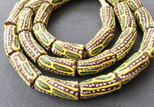 Brown with yellow and green African fancy Krobo Powderglass beads