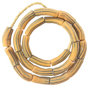 Mustard yellow stripe Elbow African handmade Krobo beads [7510]