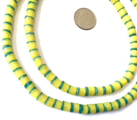 Ghana Krobo two tone green and yellow recycled Glass Disk African trade beads