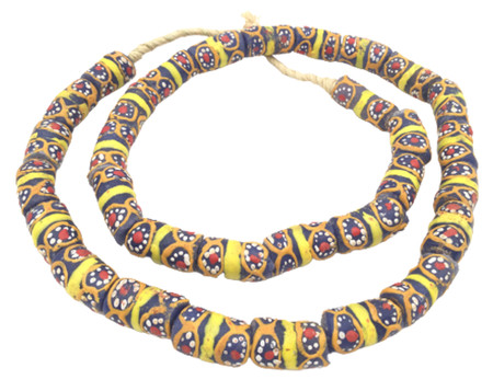 Ghana Handmade yellow banded blue multi Recycled glass African trade beads 