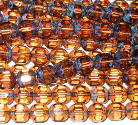25 Czech Fire polished fancy cathedral Amber color glass beads