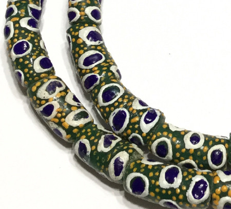 A strand of Green with blue eye African fancy Krobo powderglass trade beads