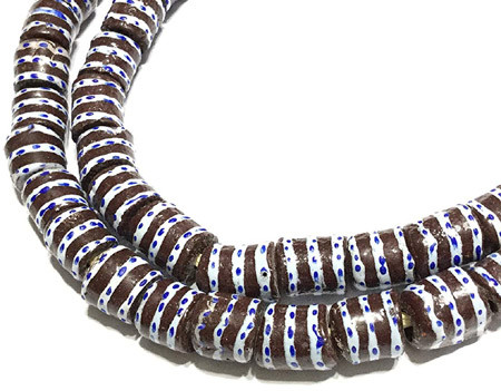 African Dark Brown and White Banded with Blue dots Krobo powderglass Fairtrade Beads