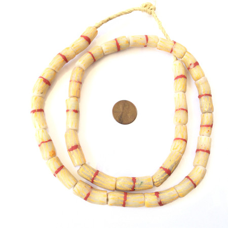 Red banded peach multi handmade Krobo recycled Glass African trade Beads-Ghana