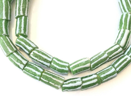 Fancy Green and white Kente Krobo recycled Glass African trade Beads-Ghana
