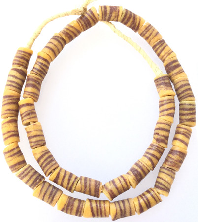 Ghana African Mustard yellow and brown cylinder Recycled glass trade beads-Ghana