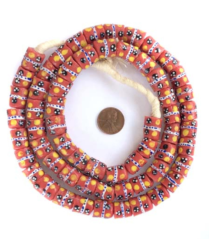 Ghana handmade Coral red with yellow dots cylinder shaped beads