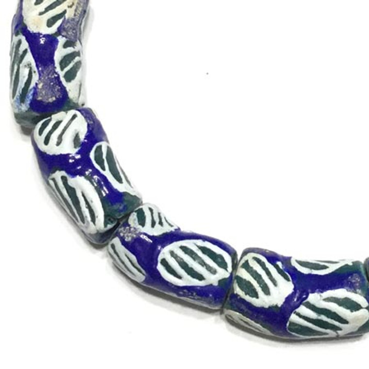 Cylinder blue with white and green design African Krobo Recycled Glass beads