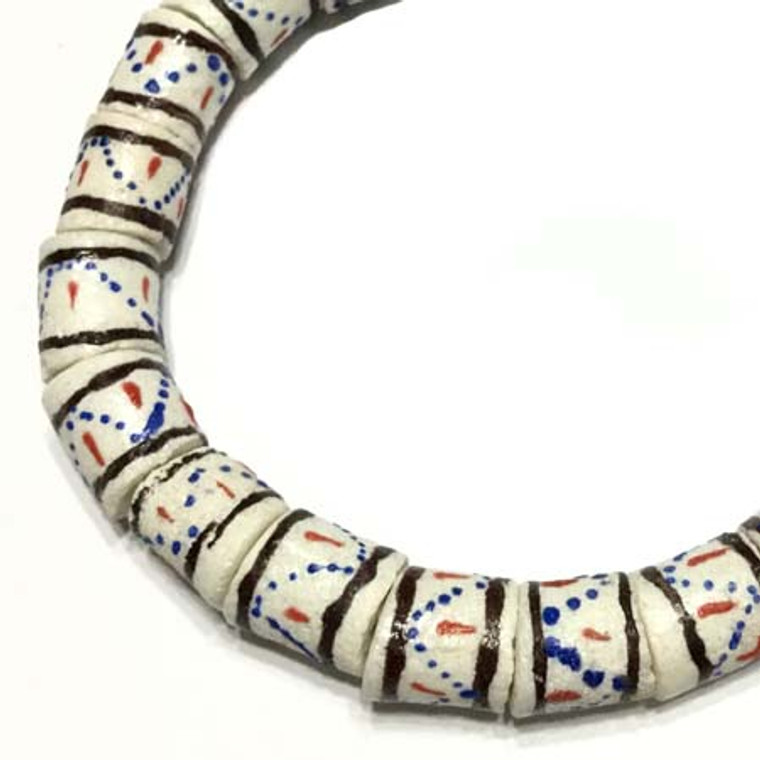 Cylinder White with brown band design African Krobo Recycled Glass beads