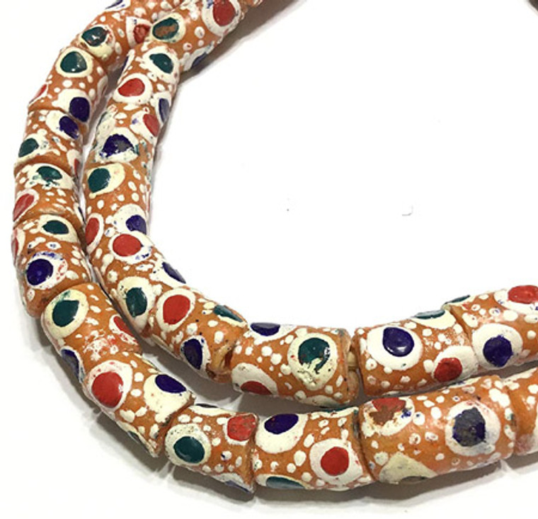 African Peach Multi Colored krobo Ghana Cylinder Recycled Glass Trade Beads