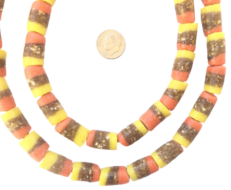 Ghana African Matched Coral, yellow and brown Recycled glass trade beads-Ghana