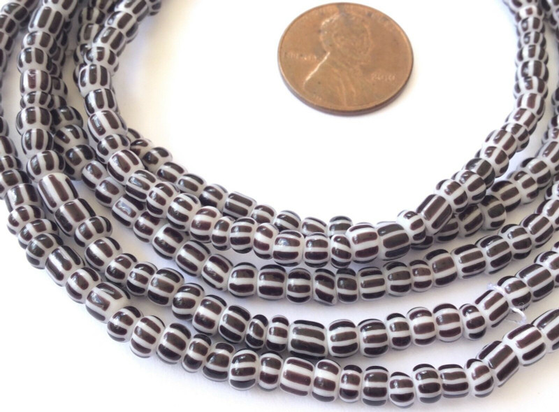 Fine vintage Black Grey matching Chevron 4mm glass beads Trade Beads-Ghana  [3050] 