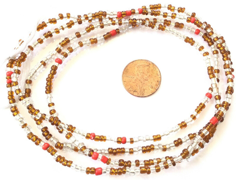 African Made in Ghana 44 Inch mixed red white and amber Ghana glass beads