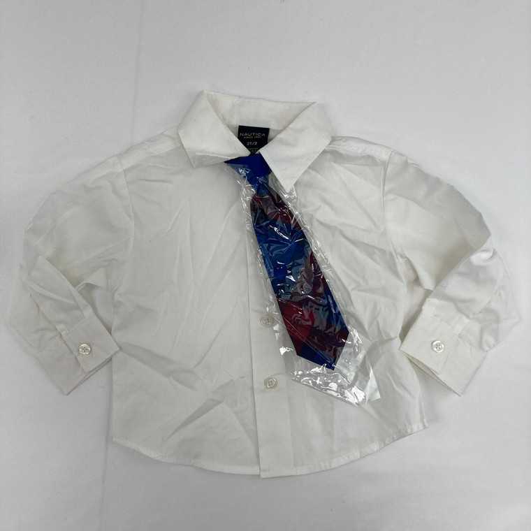 Nautica Solid White Dress Shirt With Tie 2/2T