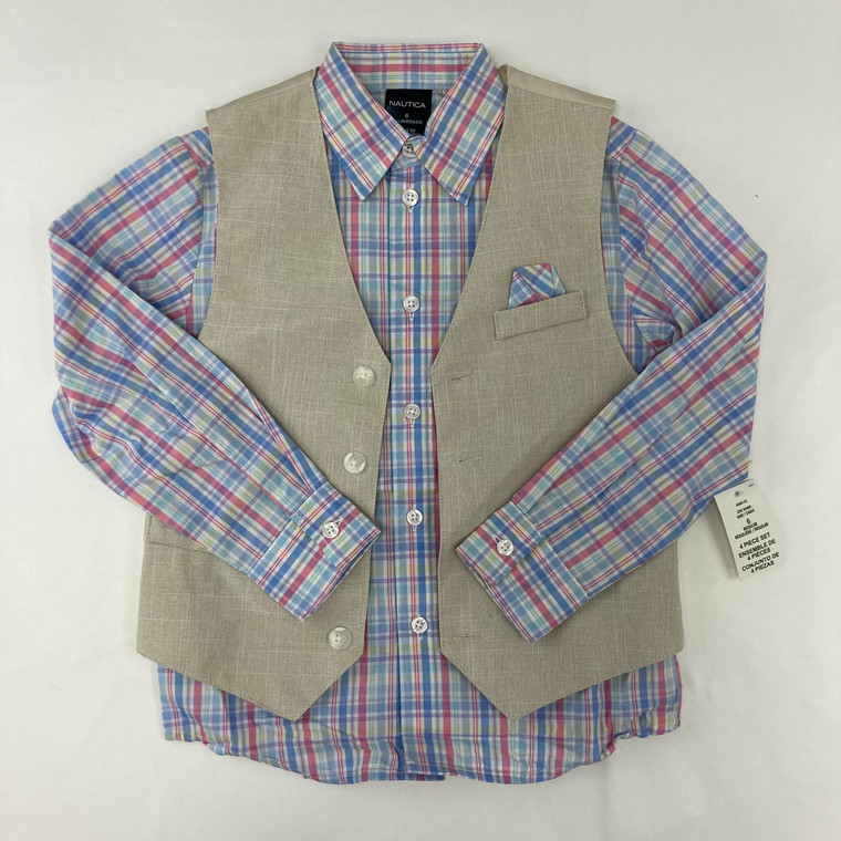 Nautica Plaid Button-up and Tan Vest 6 yr
