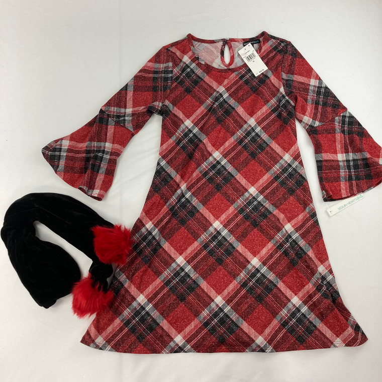 Sequin Hearts Girls Plaid Sweater Dress W/ Scarf 16 yr