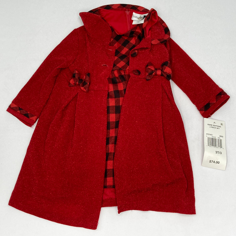 Rare Editions 2-pc Red Coat And Checkered Dress 3T/3