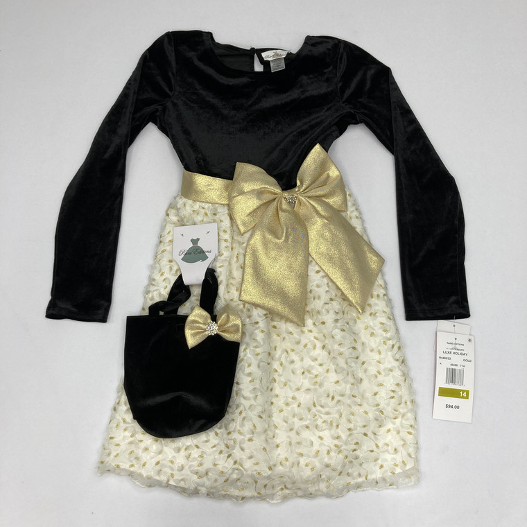Rare Editions Velvet Gold Dress W/ Purse 14 Yr