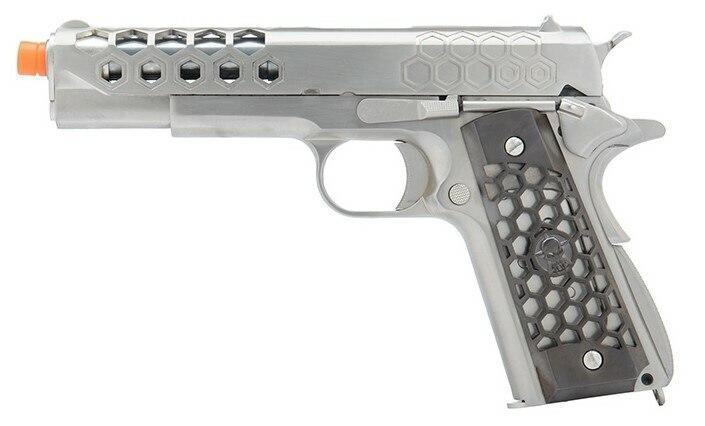 WE Tech 1911 Hex Cut Gen 2 Gas Blowback Airsoft Pistol, Silver