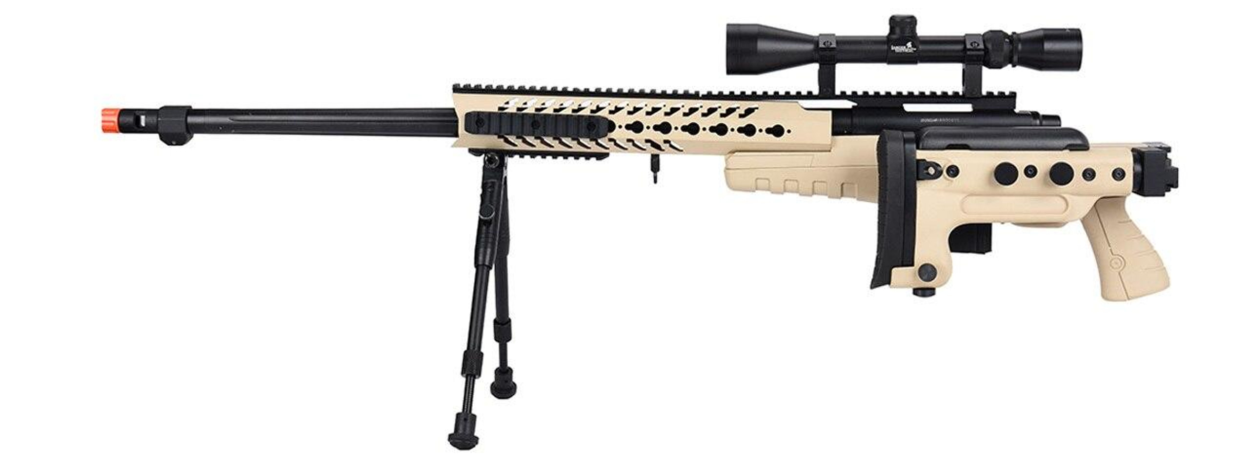 WellFire MB4418-3 Bolt Action Airsoft Sniper Rifle w/ Scope & Bipod, Tan