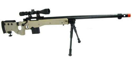 WELL L96 Airsoft Spring Sniper Rifle with Folding Stock, Scope, Bipod, and Monopod - FDE/Tan WELL L96 Airsoft Spring Sniper Rifle with Folding Stock, Scope, Bipod, and Monopod - FDE/Tan