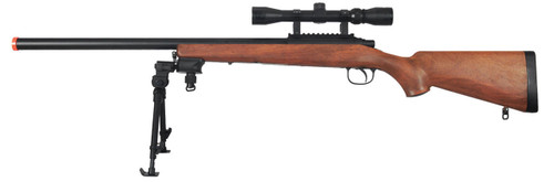 AGM Bolt Action Airsoft Sniper Rifle with Scope & Bi-Pod, Wood