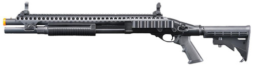 Golden Eagle M8874 3/6-Shot Pump Action Gas Airsoft Shotgun w/ Flip Up Sights, Picatinny Rail & M4 Crane Stock, Black