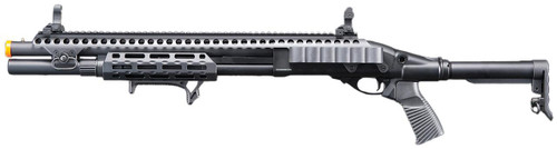 Golden Eagle M8875 3/6-Shot Pump Action Gas Airsoft Shotgun w/ Flip Up Sights, M-LOK, Picatinny Rail & M4 Buffer Stock, Black