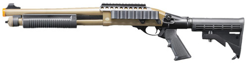 Golden Eagle M8873 3/6-Shot Pump Action Gas Airsoft Shotgun w/ Optic Rail & M4 Crane Stock, Tan