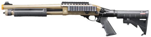 Golden Eagle M8873 3/6-Shot Pump Action CO2 Airsoft Shotgun w/ Optic Rail & M4 Crane Stock, Tan