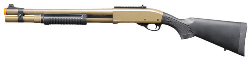Golden Eagle M870 3/6-Shot Pump Action Gas Airsoft Shotgun w/ Mock Shell Tube & Ghost Ring Iron Sights, Tan