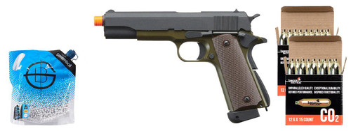 KJW Full Metal M1911-A1 CO2 GBB Airsoft Pistol w/ CO2 Combo, OD Green