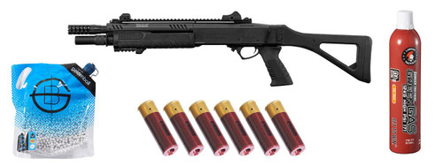 BO Manufacture Fabarm 33" Compact Gas Pump Airsoft Shotgun w/ Green Gas & Shell Combo, Black