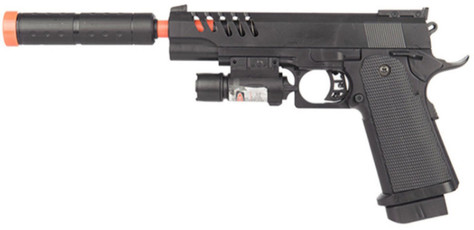 UK Arms M1911 Spring Airsoft Pistol w/ Mock Extension & Laser, Black