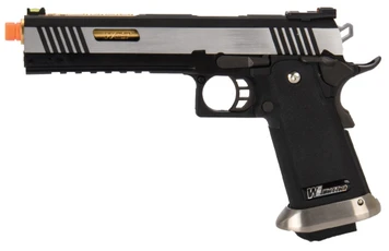 WE-Tech Hi-Capa 6" IREX Competition Full Auto Gas Blowback Airsoft Pistol, Black/Silver/Gold Barrel